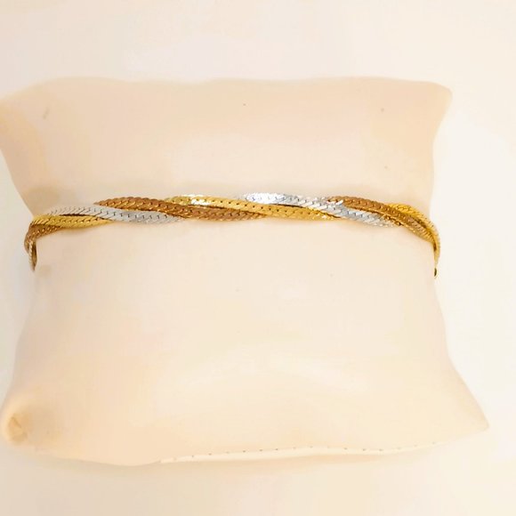 Triple Strand Tri-Tone Bracelet 8" Twisted Serpentine Infinity Bracelet - Picture 1 of 6